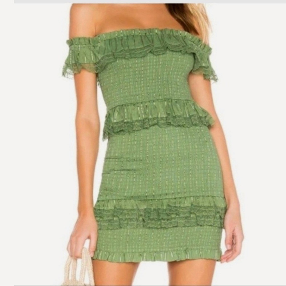 Revolve Tularosa Teri Mini Dress M Green Smocked Lace Ruffle Cottage Tiered Boho